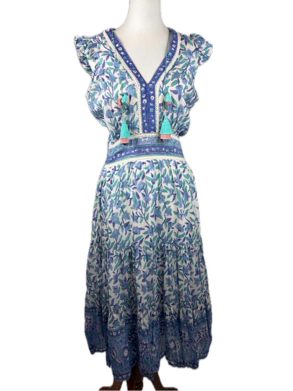 Bell by Alicia Bell Annabelle Maxi Tiered Dress Sz L Boho Mixed Print Flaws Read